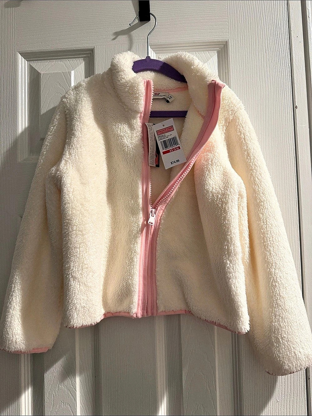 vineyard vines Plush Fuzzy Full Zip Girls Fleece Jacket Cream & Pink 5-6 NWT